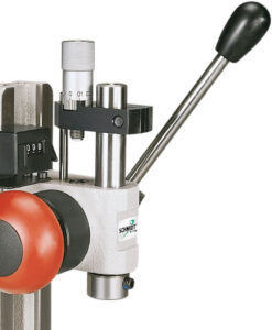 Fine adjustment with micrometer scale serves as stop for the rack and pinion presses Fine adjustment